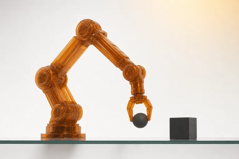 Янтарная роботизированная рука тянется к сфере — AI-агент против чат-бота