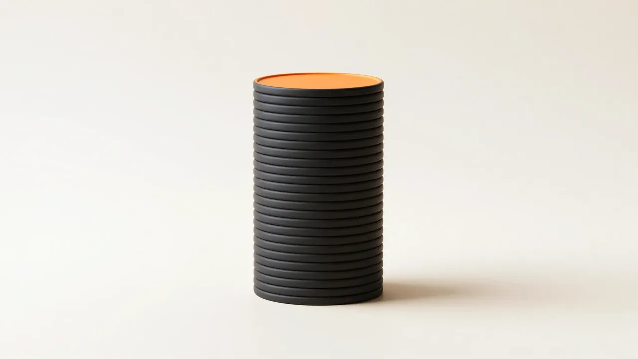 Columna de discos negros idénticos, el disco superior es naranja.
