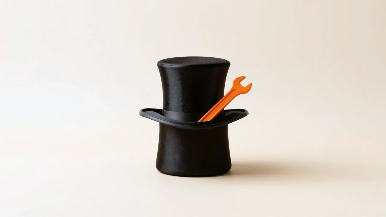 Una chistera negra de mago boca arriba; dentro, en lugar de un conejo, hay una llave inglesa naranja.