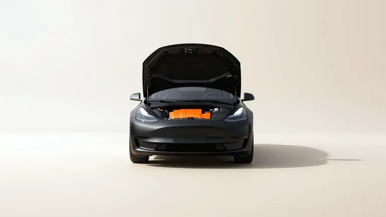 A black machine casing with its side panel folded open, packed tight with orange gears and shafts.